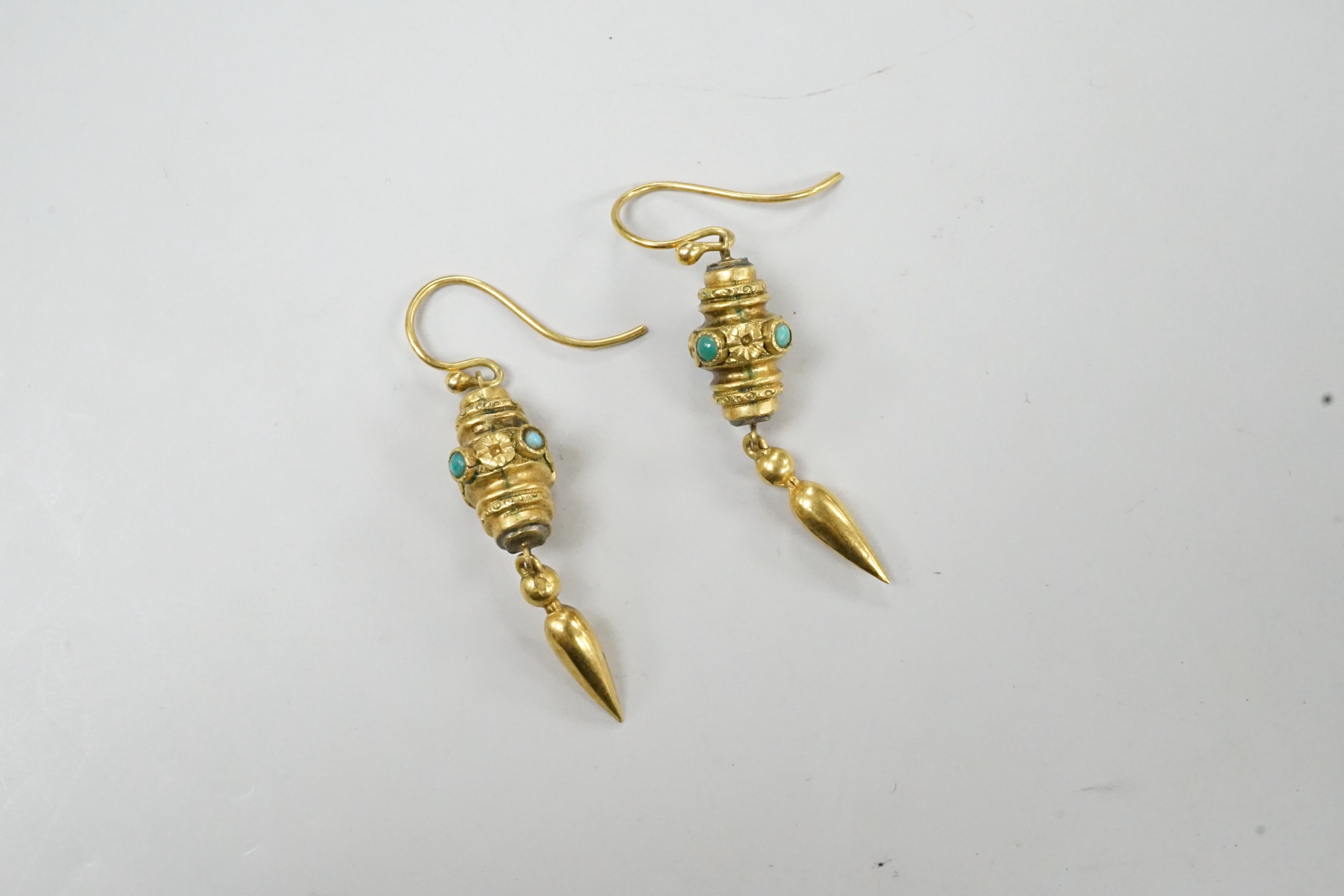 A pair of Victorian yellow metal and turquoise set drop earrings, overall 43mm, gross weight 3.7 grams.
